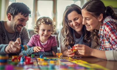 Bonusfamilie macht einen gemeinsamen Spielenachmittag mit den Kindern